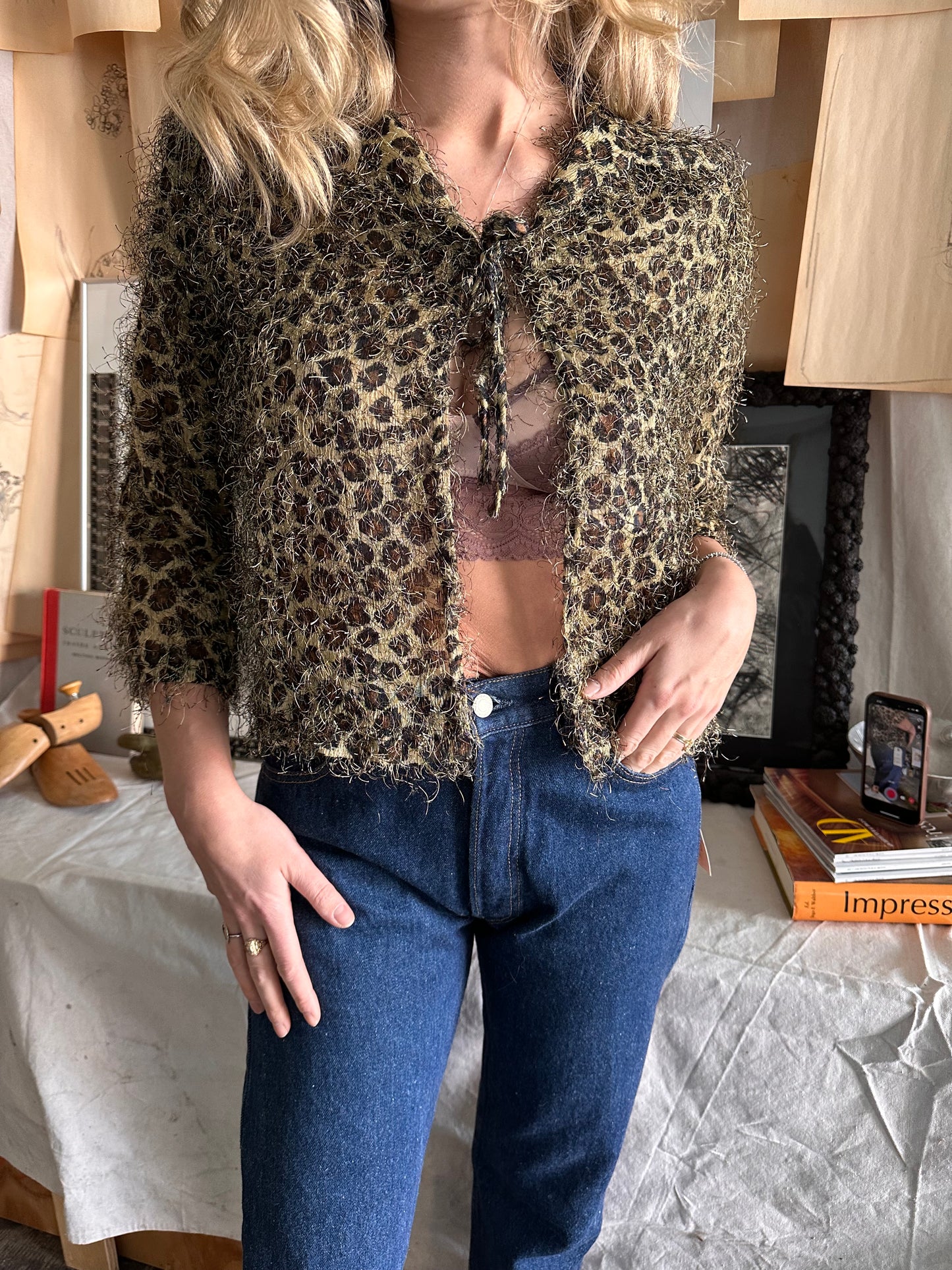 1990s does 1940s bed jacket leopard fuzzy