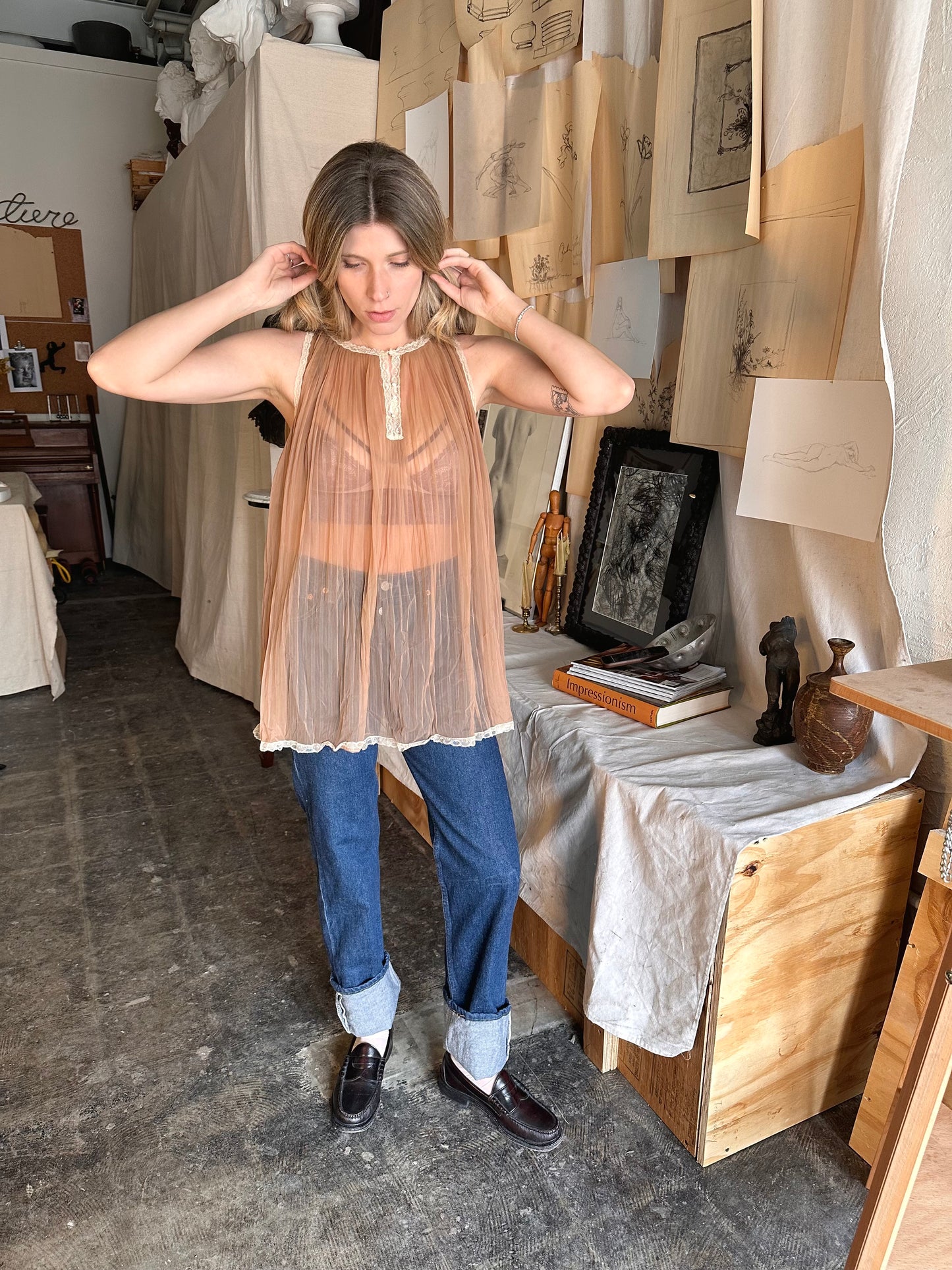 1930s sheer light brown top