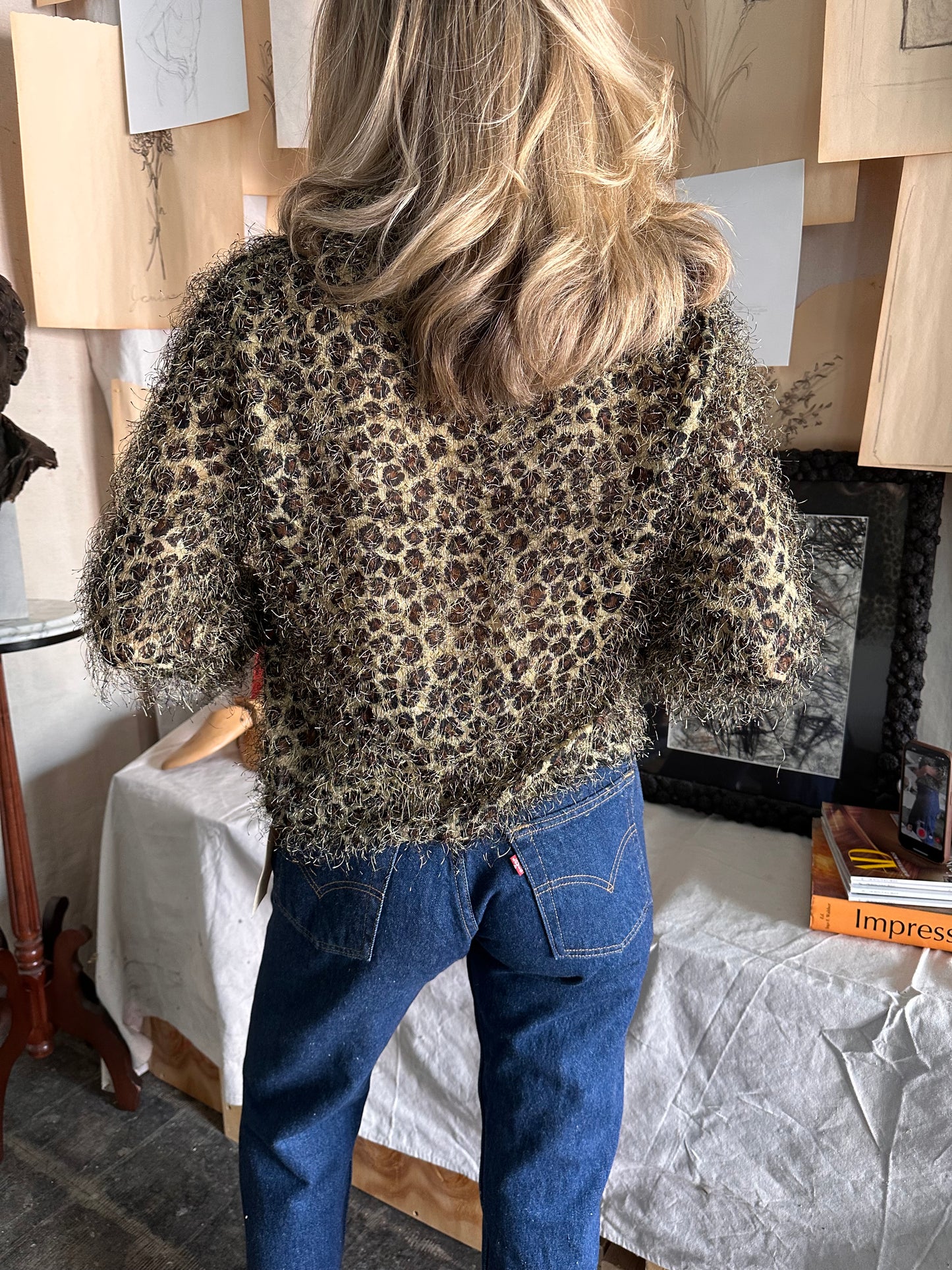 1990s does 1940s bed jacket leopard fuzzy