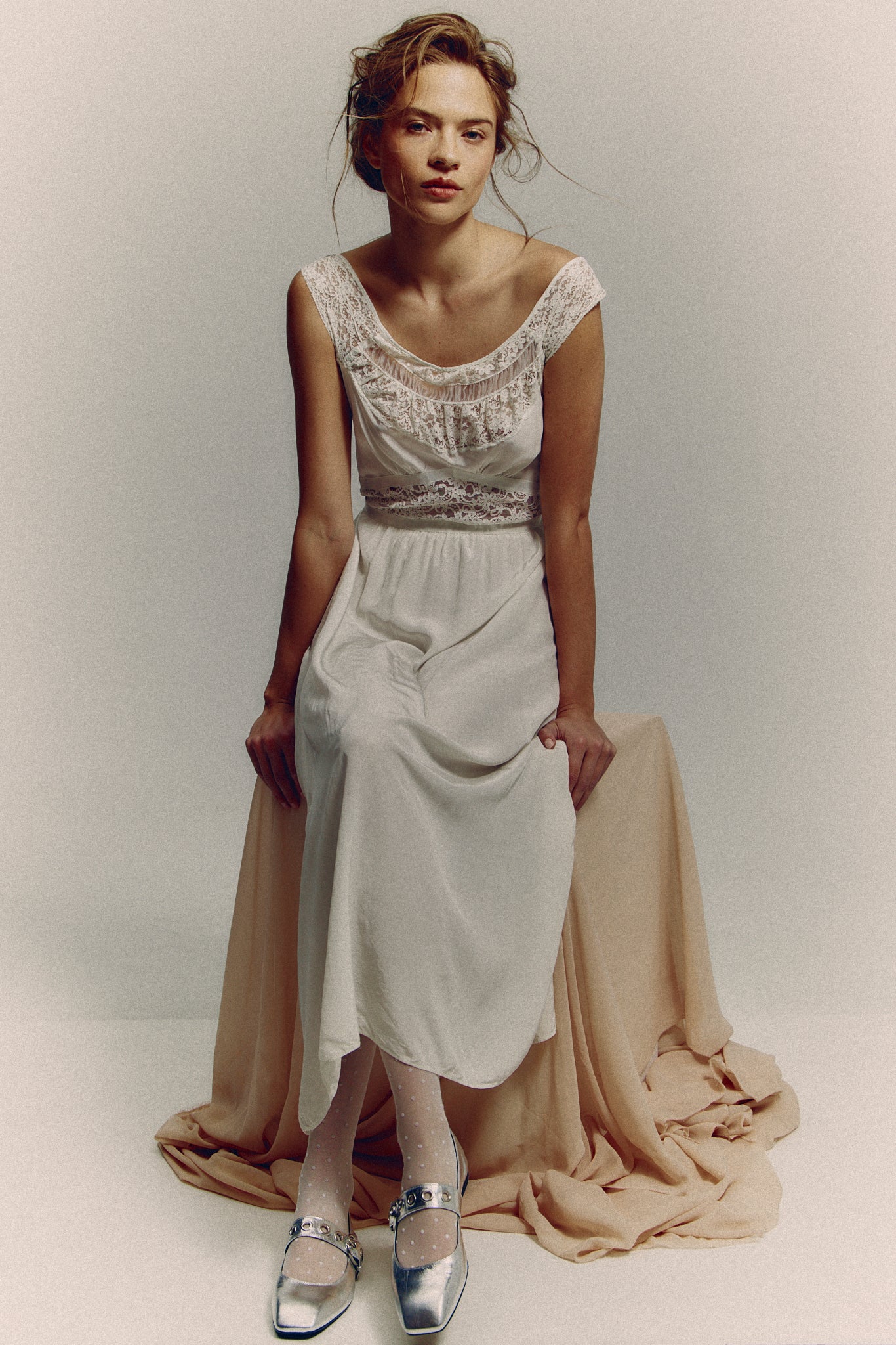 1940s eggshell silk lace dress
