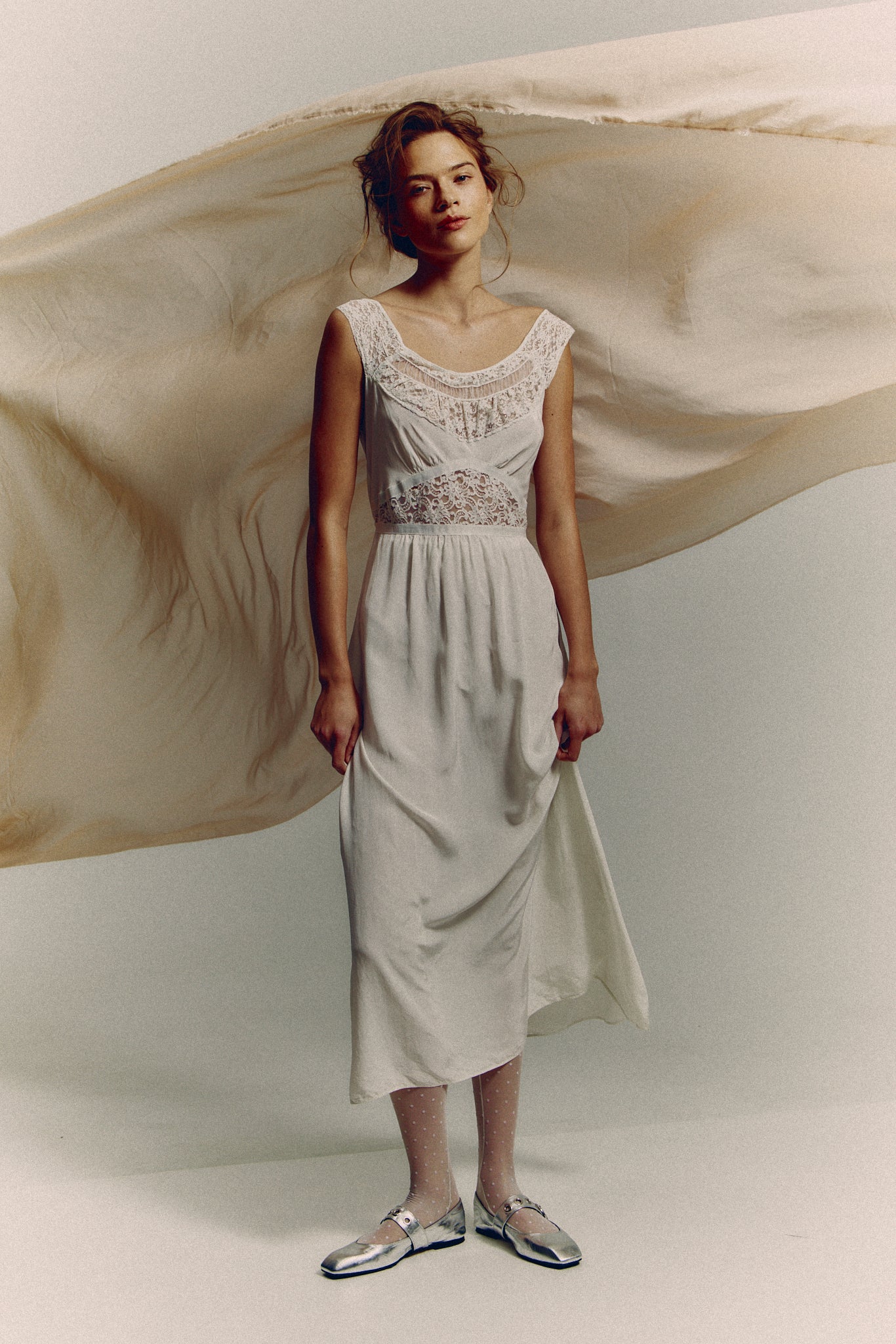1940s eggshell silk lace dress